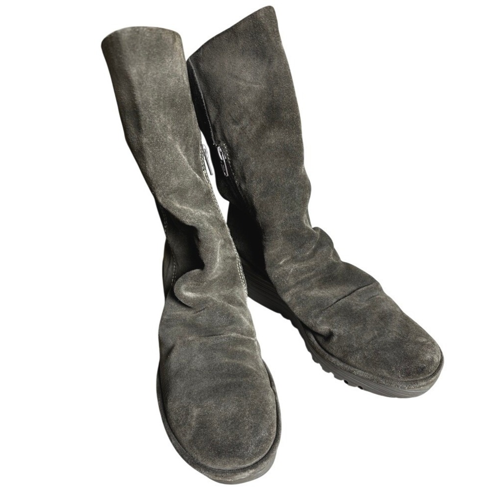 Fly London Size 41/US 10 Suede Wedge Mid Calf‎ Boots Dk Gray Side Zip Slouchy